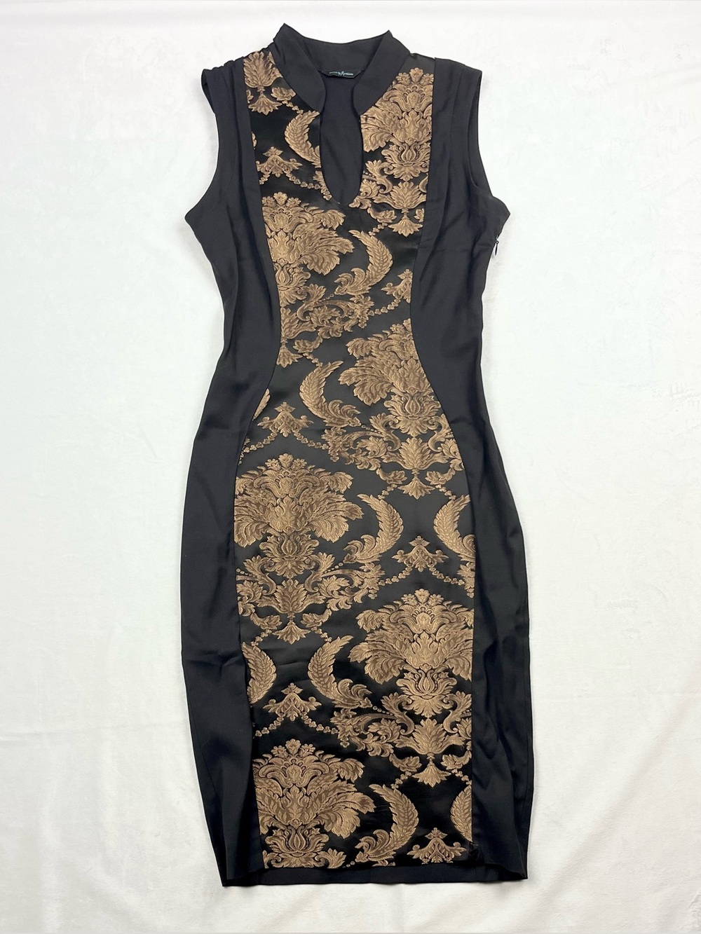 GUESS by Marciano Black Gold Baroque Damask Bodycon Midi Dress Size 2